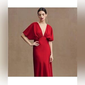 BHLDN Leila Deep V flutter sleeve satin A line gown
